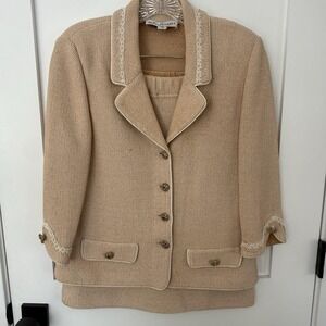 St. John Couture Marie Gray Jacket&Skirt Suit Warm Beige Size 12 Elegant!